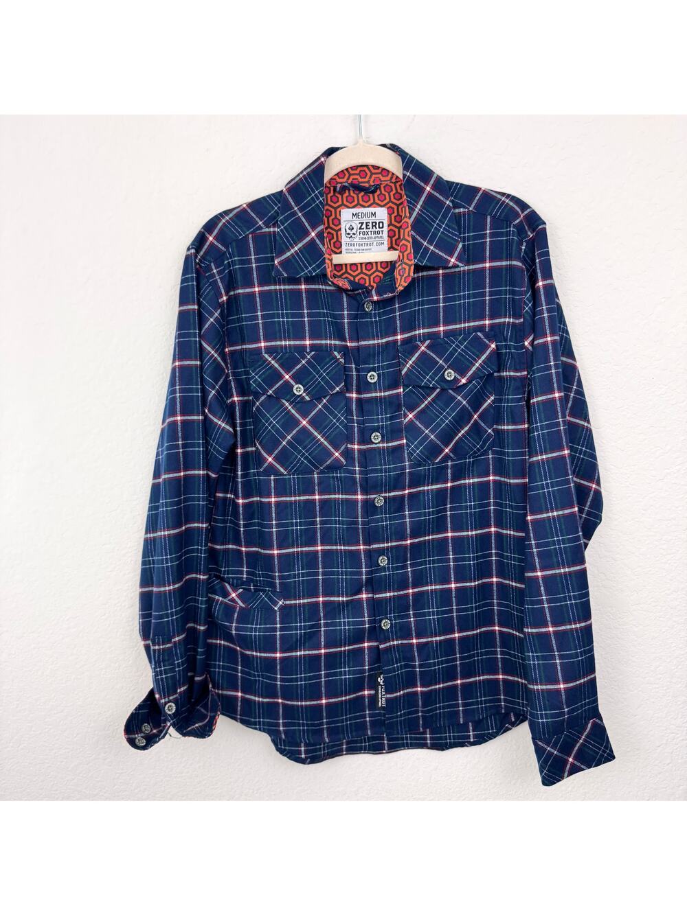 Zero Foxtrot Mens Long Sleeve Button Shirt Size M Flannel Plaid Rugged Fall Blue